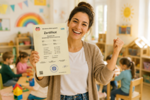 Eine Frau hat die B2 Prüfung bestanden