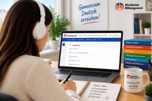 Teilnehmerin trainiert Sprechen für die A2 Deutsch Prüfung online