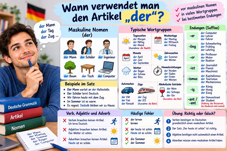 Artikel der im Deutschen mit maskulinen Nomen und typischen Endungen