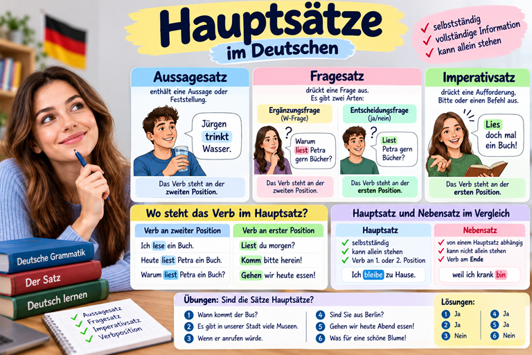 Hauptsätze im Deutschen mit Aussagesatz, Fragesatz und Imperativsatz