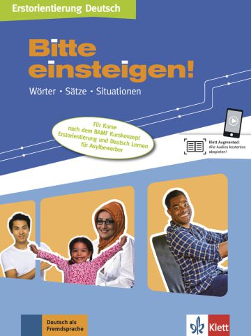 Zum Inhalt Bitte einsteigen! ermöglicht für Asylsuchende und Flüchtlinge einen sanften Einstieg in die deutsche Alltagssprache. Es bereitet die Lernenden gezielt auf den deutschsprachigen Alltag vor und ist ideal für Gruppen mit hoher Fluktuation und ohne feste Terminstruktur. Der Wortschatz ist durchgehend visualisiert und über die App Klett Augmented zum Anhören und Nachsprechen abrufbar. Sie ist kostenlos im App Store (iOS) und im Google Play Store (Android) erhältlich. Weitere Informationen unter www.klett-sprachen.de/augmented. Anforderungen an die Erstorientierung: Flexibilität: Die Lerngruppen setzen sich immer wieder neu zusammen. Alle angebotenen Themen müssen in beliebiger Reihenfolge bearbeitet werden können. elementare Situationen für die sprachliche Erstorientierung: Die elementaren Standardsituationen sollen – am besten in kleinen Dialogen – geübt werden, damit sie dann gleich in der täglichen Kommunikation in der Flüchtlingsunterkunft angewendet werden können. durchgehend visualisierter Wortschatz: Alle neuen Wörter müssen leicht verstehbar und möglichst visualisiert sein. Außerdem müssen die Lerner sie häufig hören können. Übungen zum Nachsprechen: Im Unterricht soll vor allem gesprochen werden. Sprechen bedeutet in dieser Anfangszeit „Nachsprechen“, „Wiederholen“ oder „Im-Chor-sprechen“, denn das verschafft Sicherheit. Einstieg in das Schreiben: Erst an zweiter Stelle kommt das Schreiben, für das die Lernenden genauso wie die ehrenamtlichen Lehrkräfte bzw. Sprachbegleiter/innen sehr viel Zeit und Geduld brauchen. Das Autorenteam hat diese Erfahrungen und Anregungen aufgenommen. So ist ein Material entstanden, das 10 Themengruppen mit 38 Unterthemen umfasst. Die Themen: Willkommen Länder und Sprachen Telefonnummer und Zeit Unterwegs Essen und trinken Körper und Krankheit Gefühle und Familie Jahr, Wetter und Kleidung Wohnen und Hygiene Wir leben zusammen In 10 Lektionen, die nicht aufeinander aufbauen, werden die Lernenden gezielt auf wichtige Alltagssituationen vorbereitet und hören, lesen und lernen erste Wörter und Sätze trainieren diese zunächst getrennt, dann in Situationen sichern den Lernerfolg mit leichten Übungen zum Lesen und Schreiben