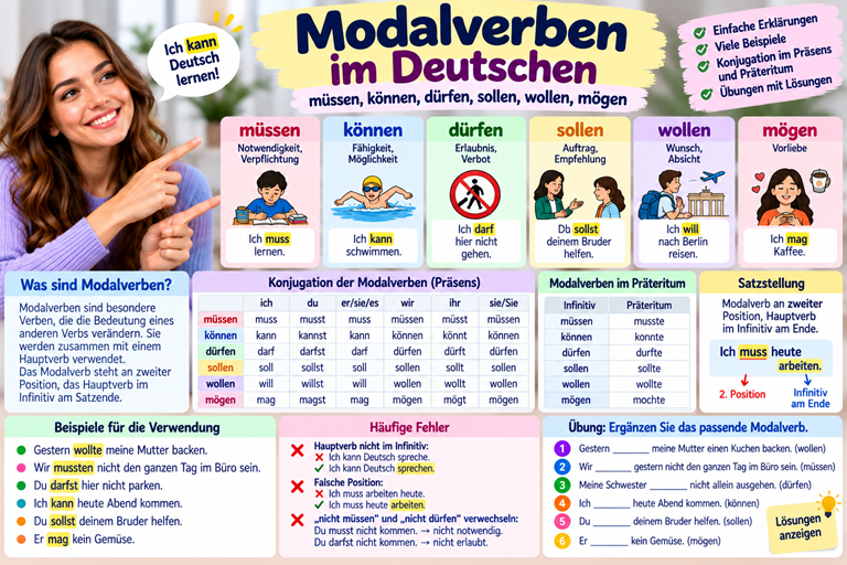 Modalverben im Deutschen mit müssen, können, dürfen, sollen, wollen und mögen