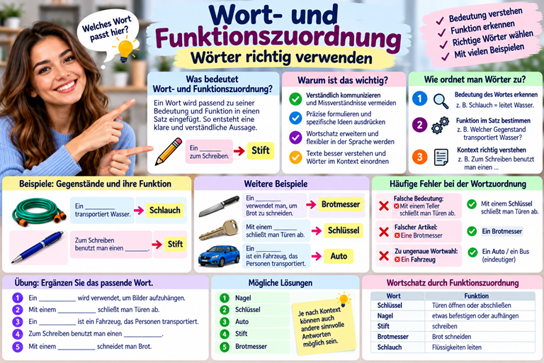 Wort- und Funktionszuordnung im Deutschen mit Gegenständen und Beispielen